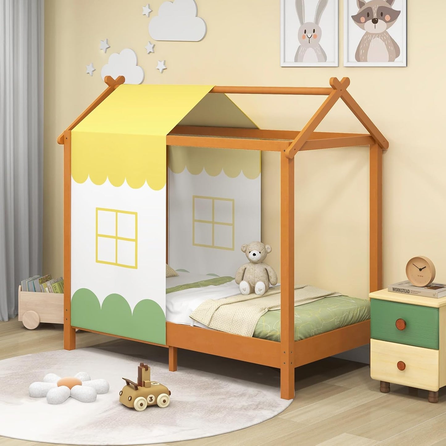 Houten Kinderbed – Bed Voor Kinderen – Kinderbed Met Canopy – Speelhuis Bed – Babybed 70x140 Cm – Robuuste Vurenhouten Constructie – Verwijderbare Wasbare Canopy