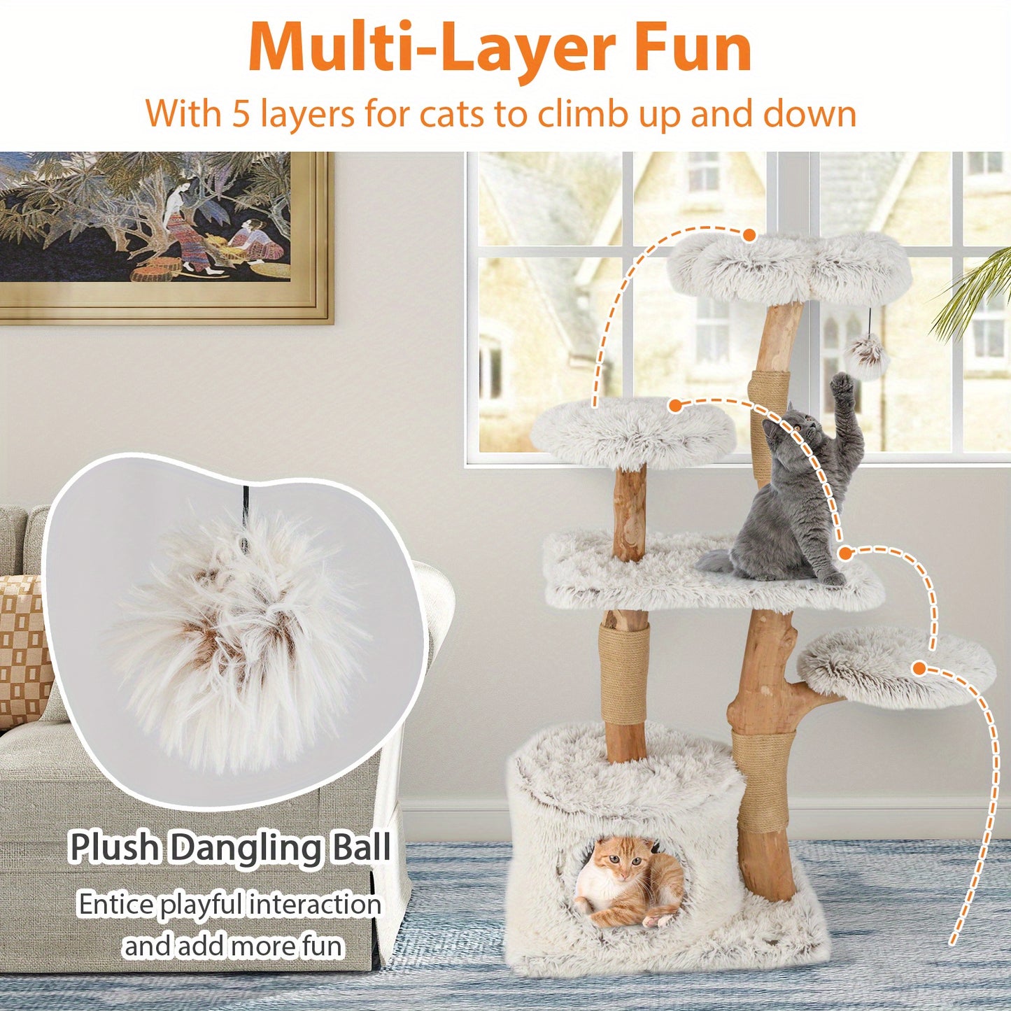 Krabpaal – Kattenboom – Kattenhuis – Krabmeubel – Kattenmand – 134 cm Hoog – Robuuste Perenhout Constructie met Jute Krabpalen – Bloemvormig Pluche Plateau