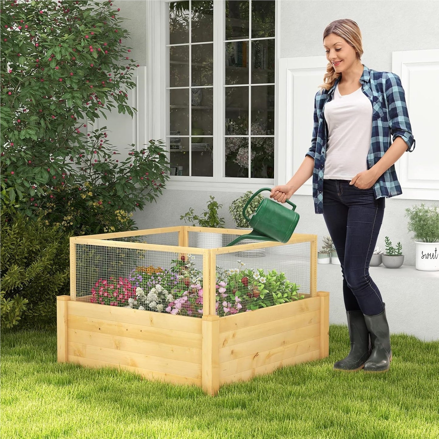 Houten Hoogtebak – Verhoogde Plantbak – Tuinbak Met Omheining – Plantenbak Voor Kruiden – Groentebak – 107x107x70 cm – 9 Plantvakken – Weerbestendig Natuurlijk Hout