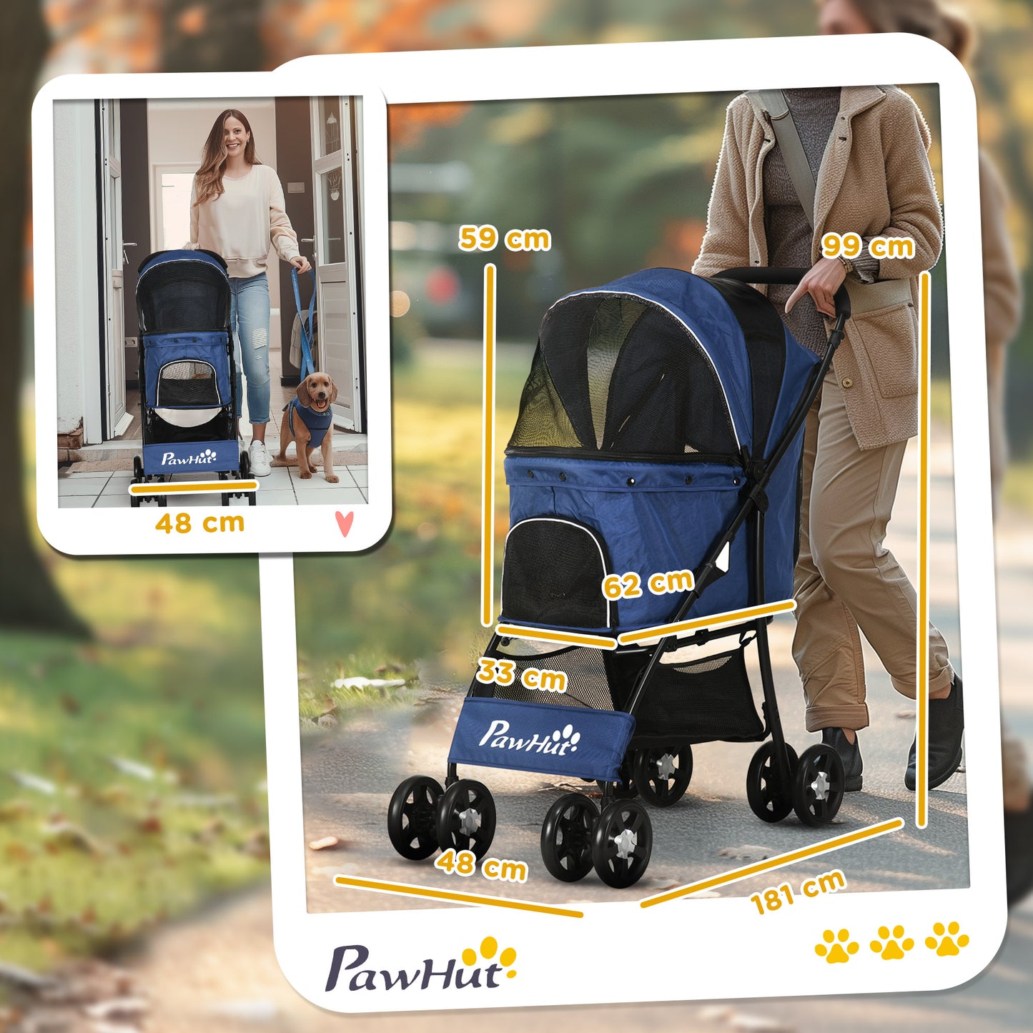 Huisdierwagen – Dierenwagen – Hondenbuggy – Kattenbuggy – Wandelwagen – Opvouwbaar – 600D Oxford Polyester – 4 Wielen – Met Opbergruimte – Blauw