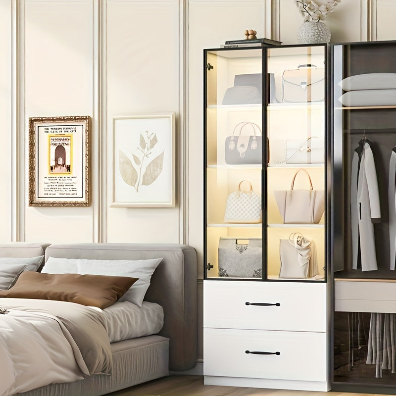 Vitrinekast – Vitrinekast Modern – Bergkast – Displaykast – Opbergkast – 160x80x40 cm – Wit Glas en Metaal – Zacht Sluitende Deuren en Lades
