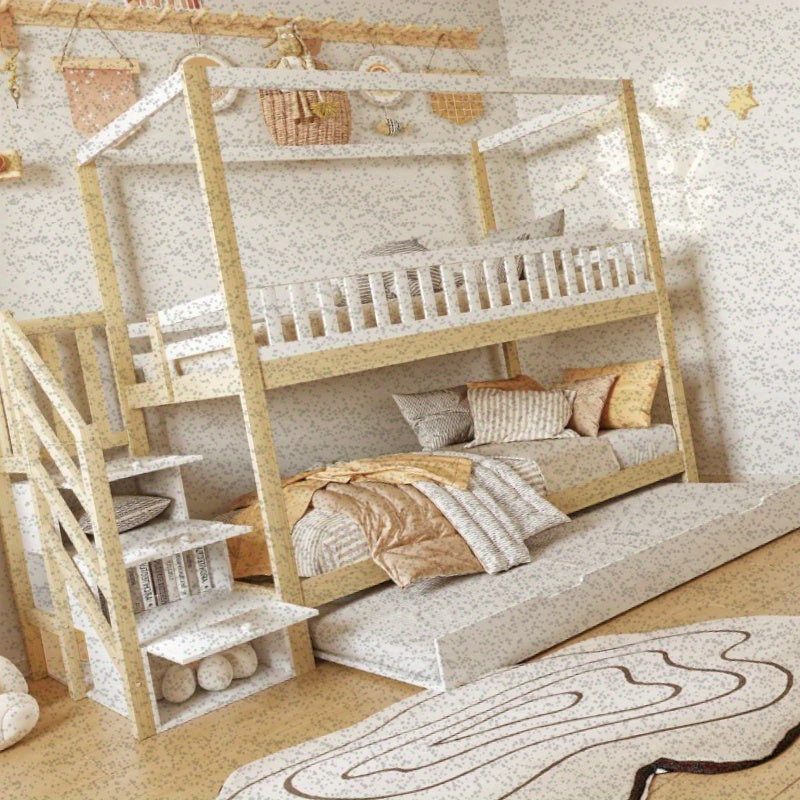 Hoogslaper – Loftbed – Stapelbed – Kinderbed – Eenpersoonsbed – Met Veiligheidshekken – Uitschuifbaar Bed – Opberglade – Wit/Naturel – 90x200 cm – Ruimtebesparend Design