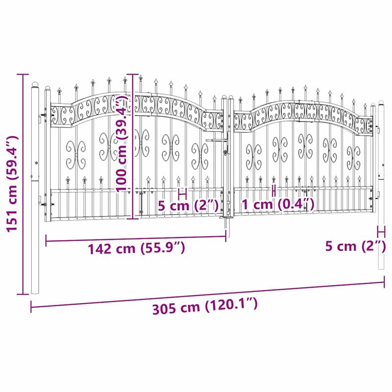 Zwarte Stalen Poort – Tuinpoort – Opritpoort – Erfafscheiding – Metalen Poort – Speerpuntontwerp – 305x151 cm – Weerbestendig & Onderhoudsvriendelijk