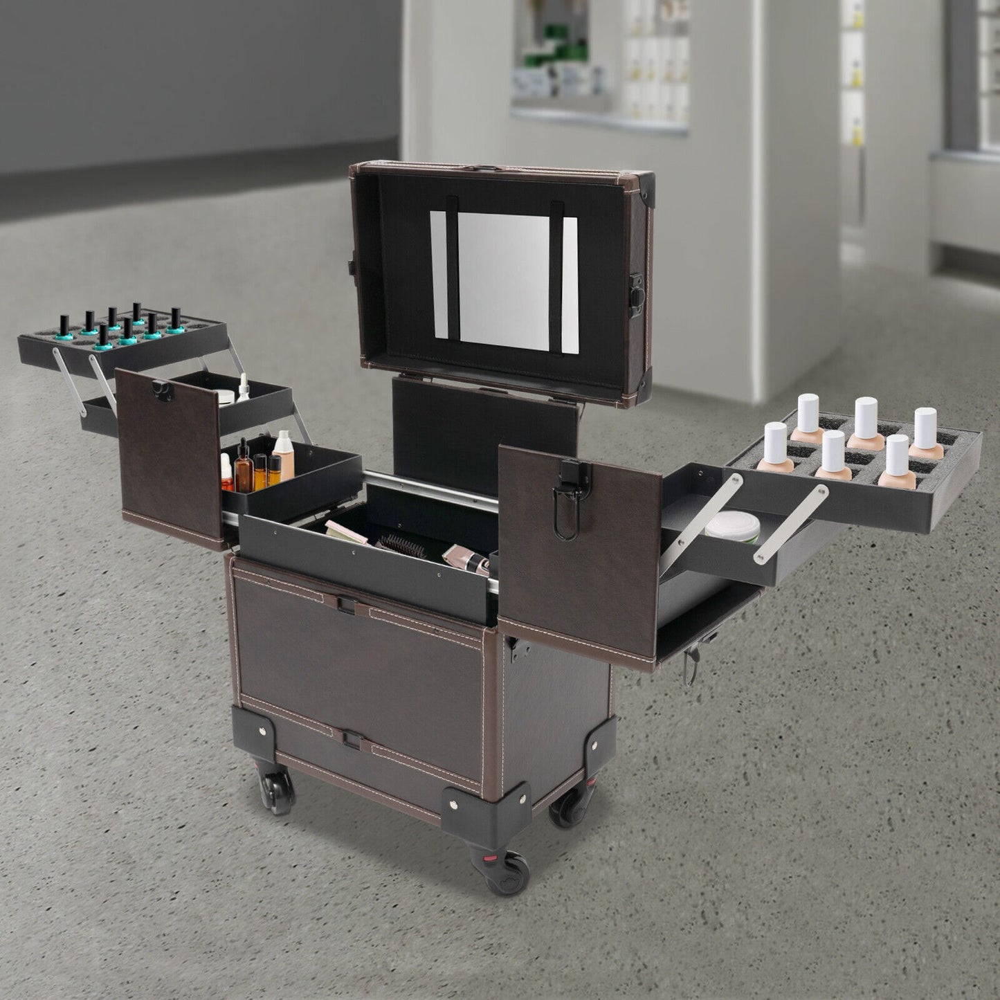 Makeup Trolley – Koffertrolley – Reistrolley – Kosmetische Koffer – Beauty Koffer – 6 Uittrekbare Trays – Stevig PU Materiaal
