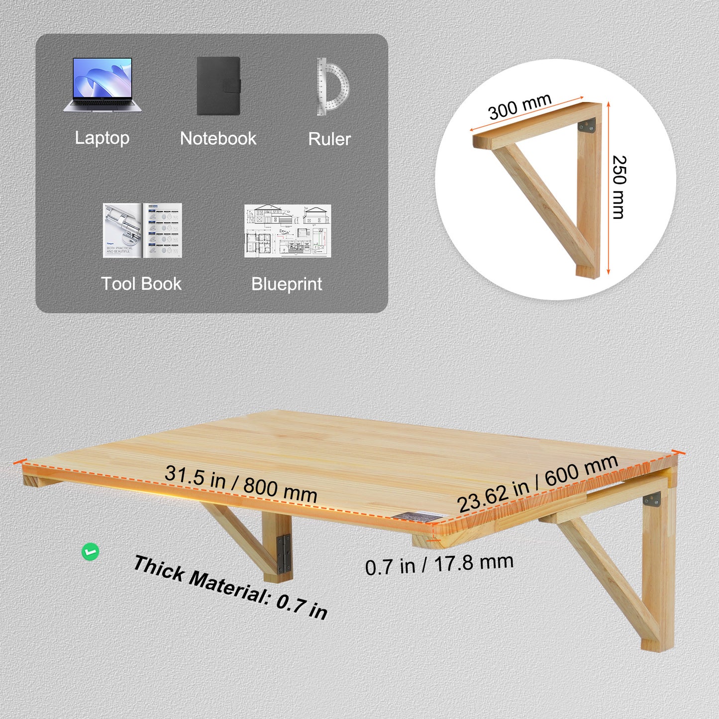 Wandtafel – Klaptafel – Opklapbare Werktafel – Muurtafel – Zwevende Tafel – 80x60 cm – 100% Grenenhout – Draagvermogen 45 kg