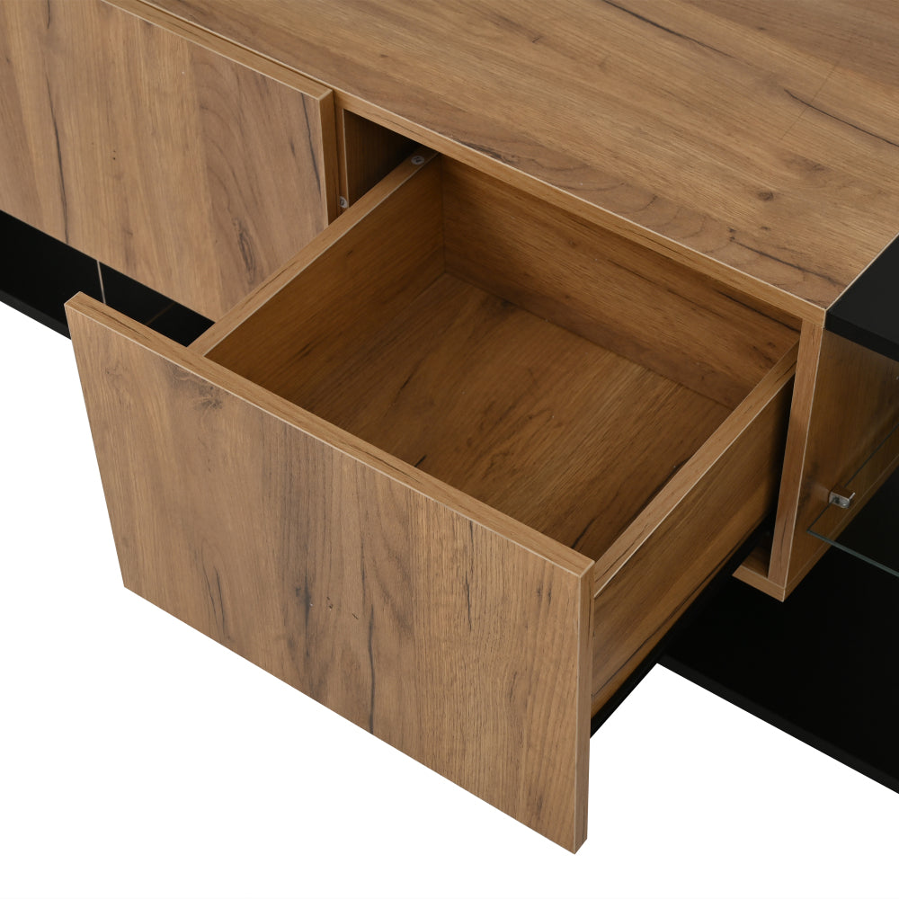 Three-tier TV Stand | Suitable for TVs up to 177.8 cm, Modern Style, Glass Top Storage Platform, Two Drawers, Ideal for Living Rooms and Bedrooms, Black, Metal Material