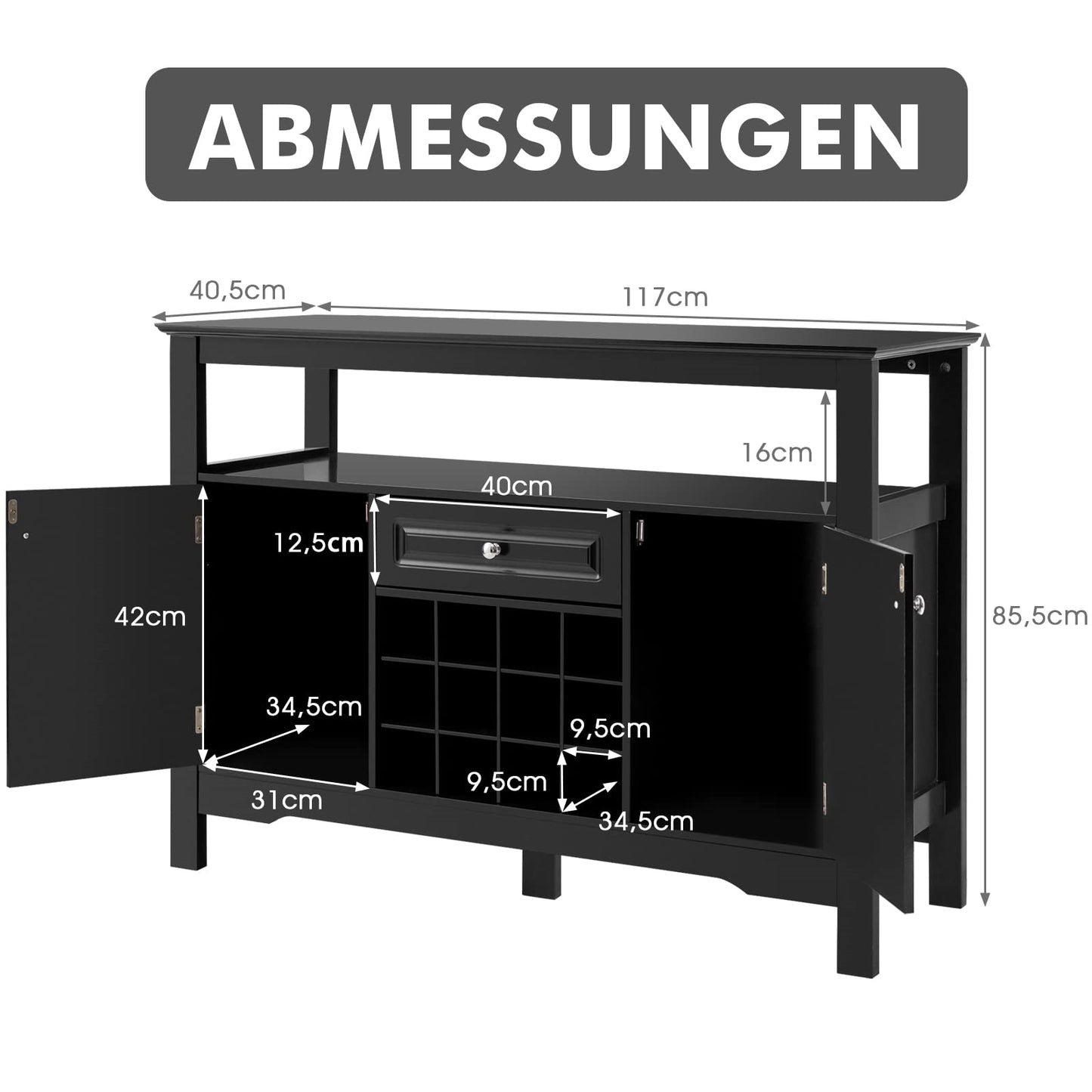 Dressoir – Buffetkast – Opbergkast – Ladekast – Kast – Zwart MDF – Inklapbaar Wijnrek – 116x40x82 cm