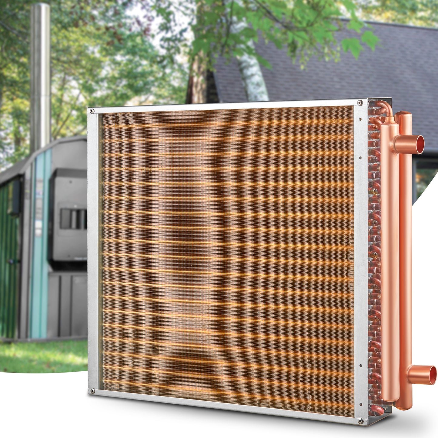 Warmtewisselaar – Warmteoverdrager – Warmtewisselaar water-lucht – HVAC warmtewisselaar – Koper-aluminium warmtewisselaar – 20"x20" formaat – Duurzaam koperen soldeerwerk – Corrosiebestendige epoxy vinnen