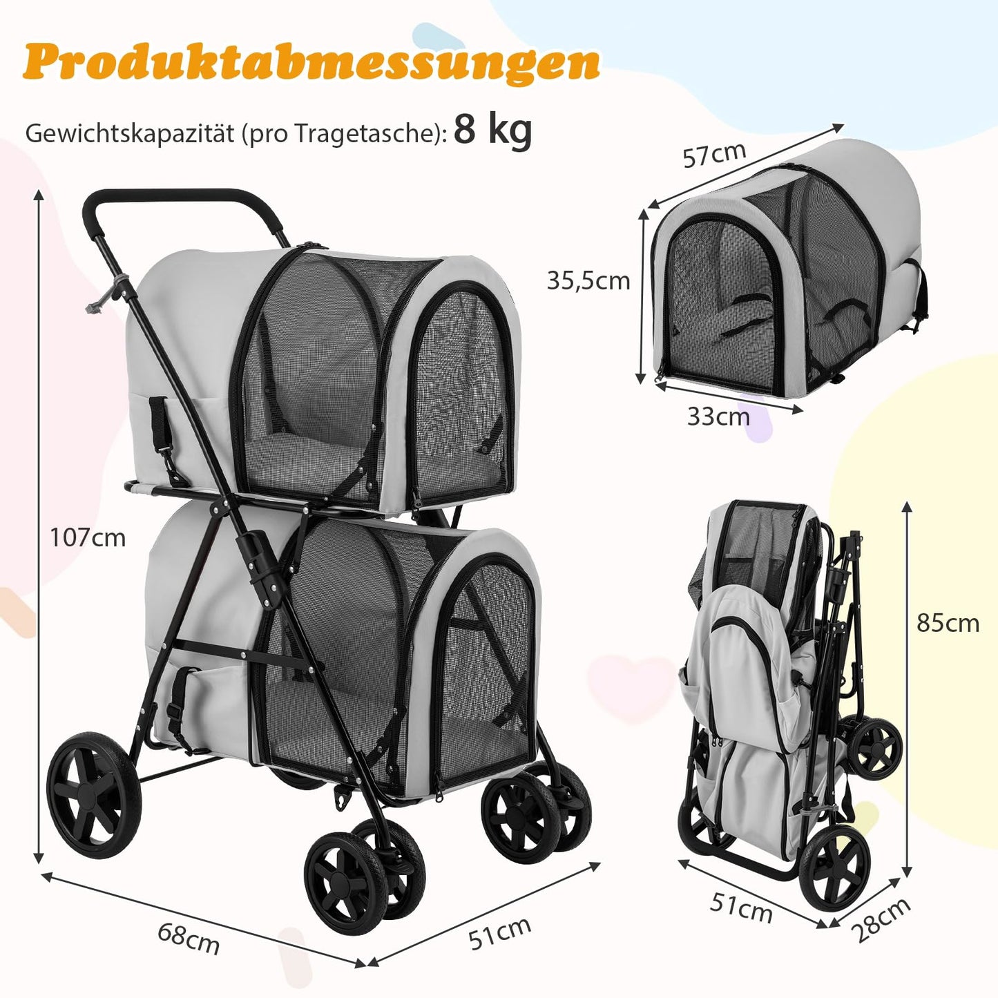 2-laagse Opvouwbare Diertrolley – Huisdier Buggy – Transportkar – Wandelwagen – Draagtas – Ruim 2-laags Ontwerp – Schokabsorberende EVA-Wielen – Grijs