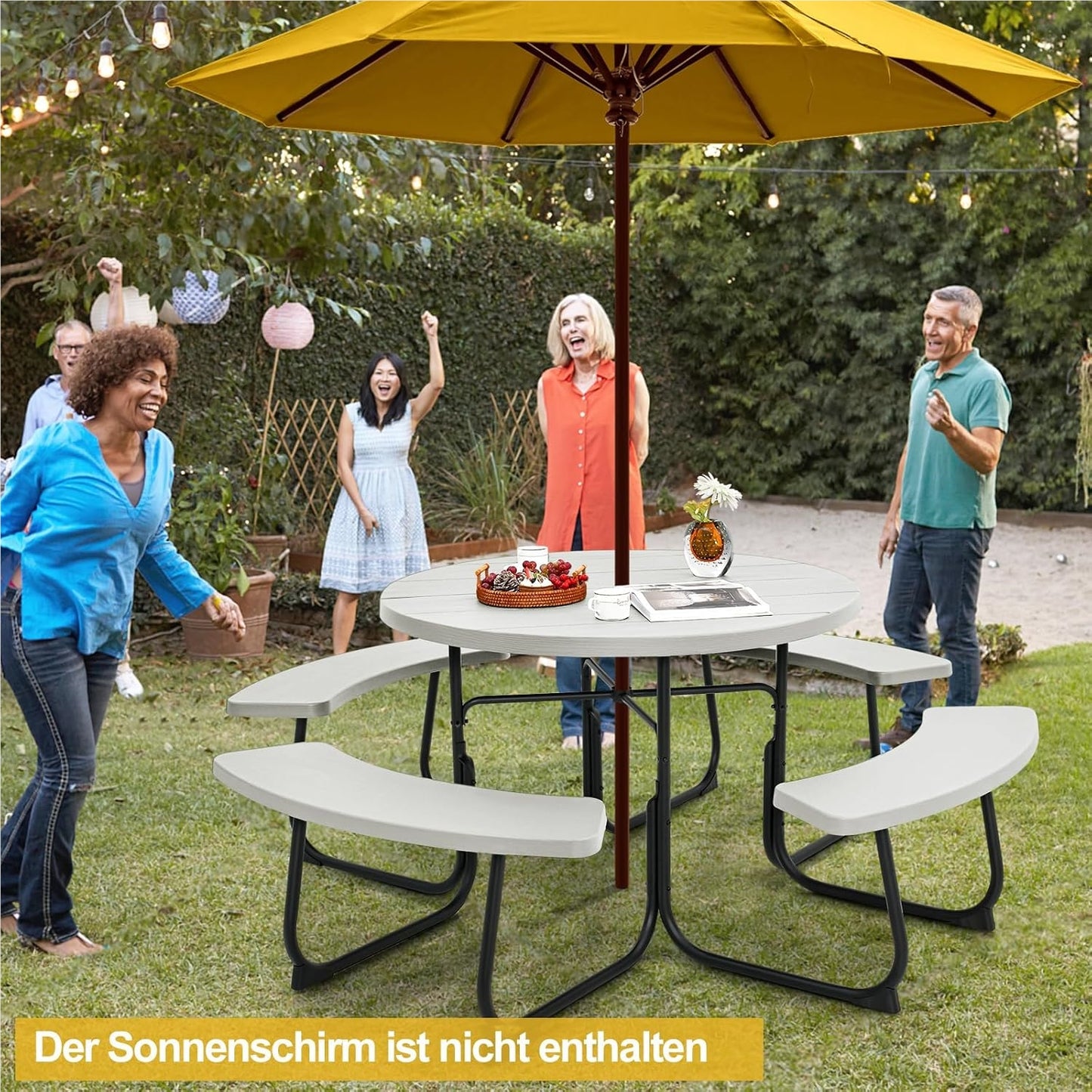 Picknicktafel – Tuinset – Terrasmeubilair – Buitenmeubel – Tuintafel Met Bankjes – Wit – 8-Persoons – Rond Met HDPE Blad En Parasolhouder