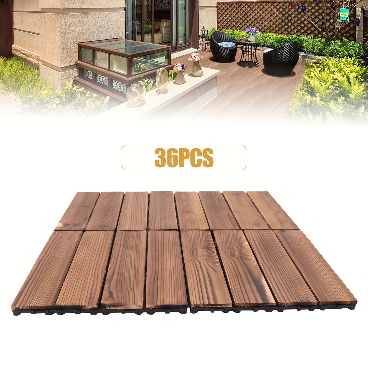 Hardhouten Terrastegels – Houten Vloertegels – Patio Tegels – Buiten Tegels – Interlock Tegels – 36 Stuks – Waterbestendig – 30,48 x 30,48 cm