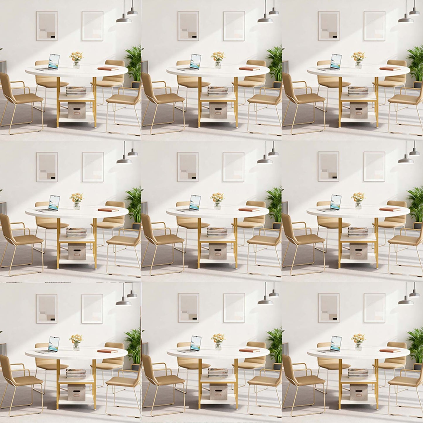 Ronde Vergadertafel – Conferentietafel – Meetingtafel – Bureaustafel – Kantoortafel – Wit & Goud Design – 47 Inch Rond – 2-Lagen Opbergrekken – Verstelbare Voetjes