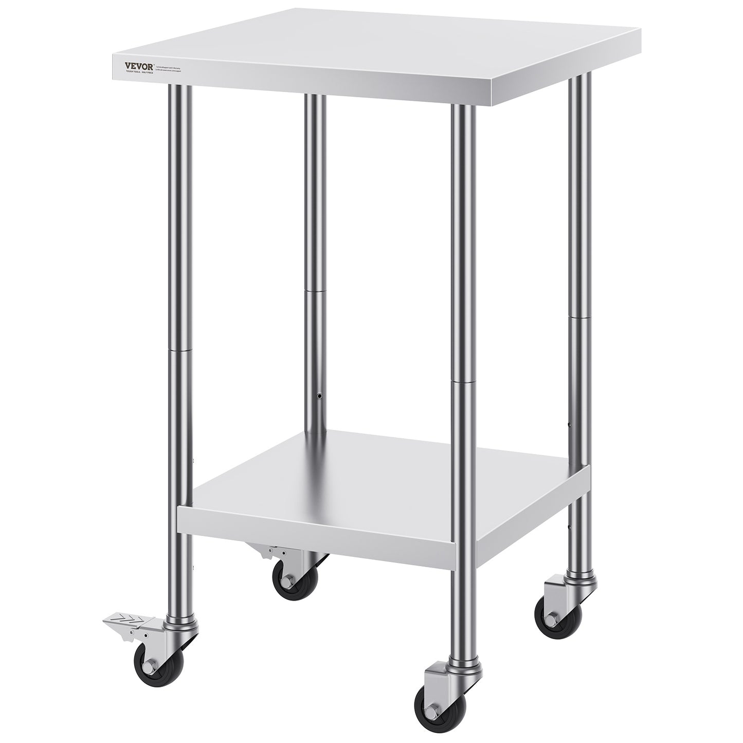 RVS Werktafel – Werkbank – Keukentafel – Inpaktafel – Werkoppervlak – Roestvrij Staal – 60x60 cm – 4 Zwenkwielen Met Rem