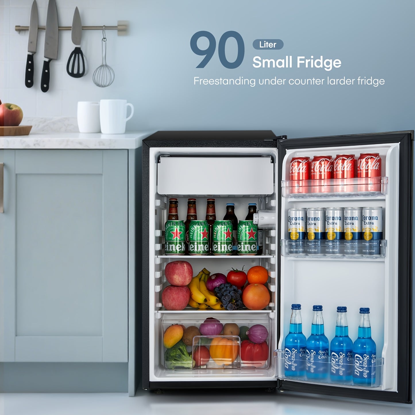 Mini Koelkast – Compact Koelkast – Kleine Koelkast – Vrieskast – Studentenkoelkast – Zwart RVS – 90L Inhoud – Instelbare Thermostaat – Vriesvak – Groentelade
