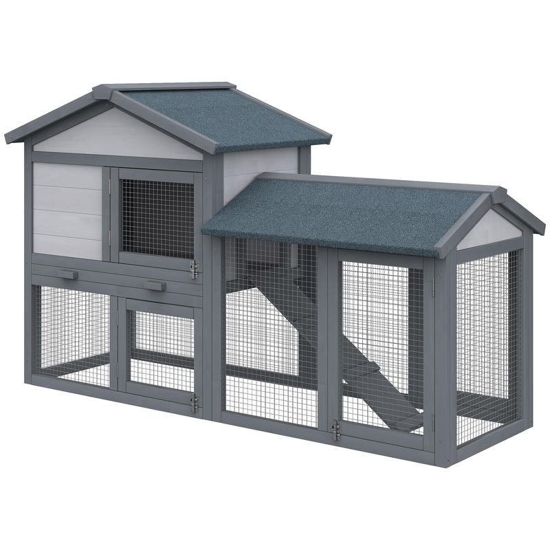 Outdoor Rabbit Hutch & Small Animal Cage with Free-Range Design, Spacious Pine Wood Construction, Ramp & Roof Access, Ventilation Mesh Walls & Predator-Proof Roof - Dark Gray 147x54x84cm for Guinea Pigs, Chinchillas, Hamsters