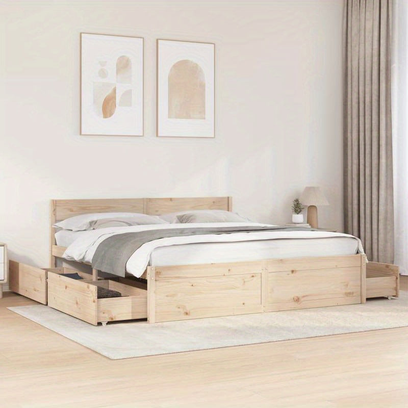 Bedframe – Houten Bed – Massief Houten Bed – Tweepersoonsbed – Platformbed – 200x200 cm – Massief Grenenhout – Met Opberglades