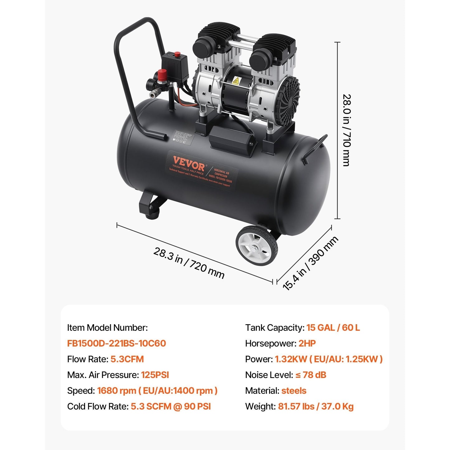 Luchtcompressor – Compressoren – Luchtpomp – Air compressor – Zwart – Olievrij – 15 Gallon – 5,3 CFM bij 90 PSI