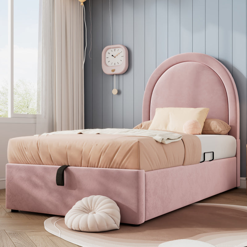 Eenpersoonsbed – Eenpersoonsbedframe – Kinderbed – Jeugdbed – Logeerbed – Vintage Fluwelen Gestoffeerd – Opbergruimte – 90x200 cm – Zonder Matras – Pastelroze – Eenvoudige Montage