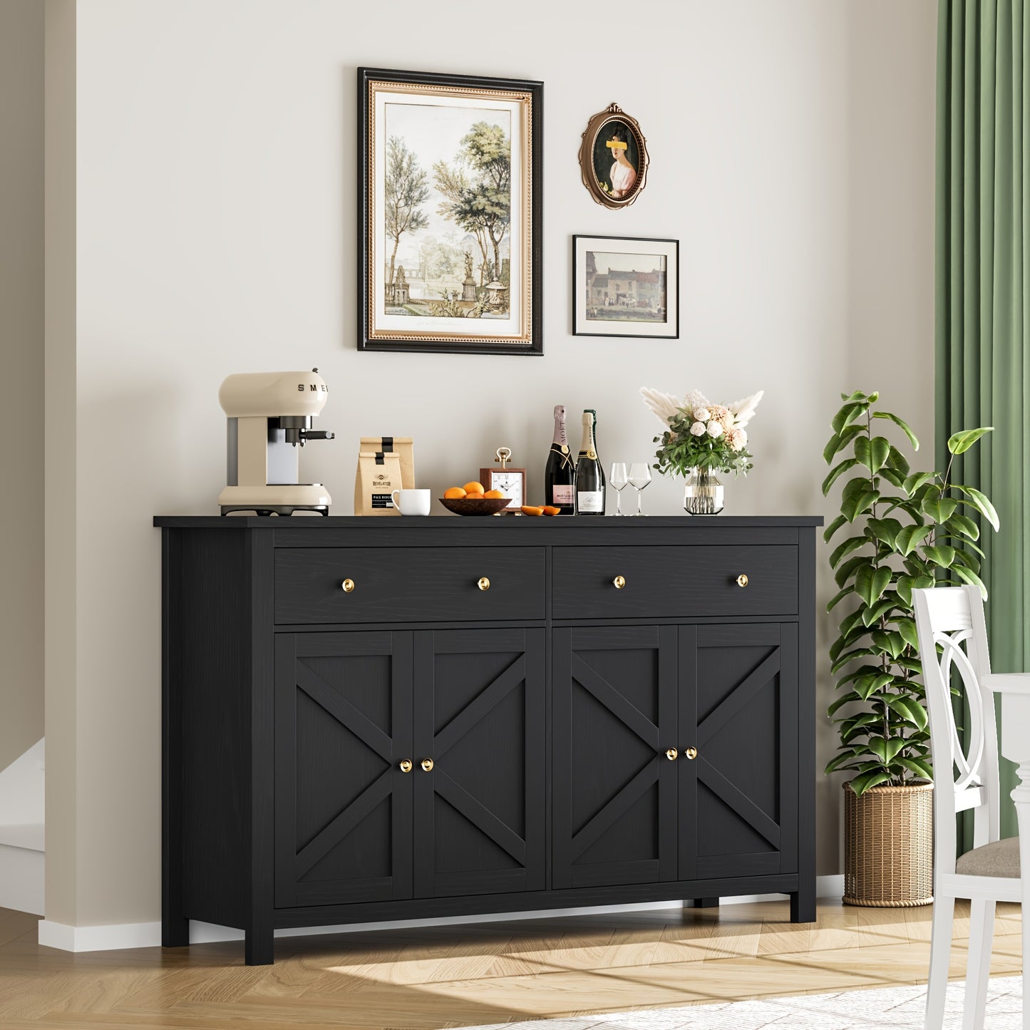 Opbergkast – Kasten – Buffetkast – Ladekast – Dressoir – Zwart-Gouden Design – Verstelbare Planken – Robuuste Houten Constructie