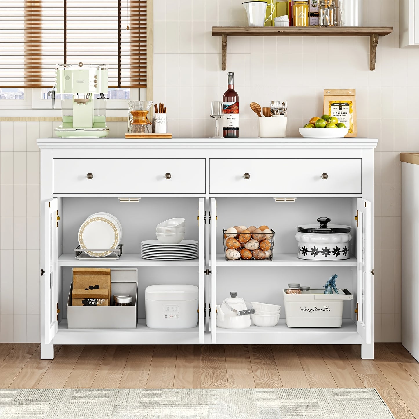 Dressoir – Sideboard – Opbergkast – Buffetkast – Kast – Wit – 140x90,7x40 cm – 2 Lades & 4 Glazen Deuren – Verstelbare Planken – Spaanplaat – Stevig & Ruim