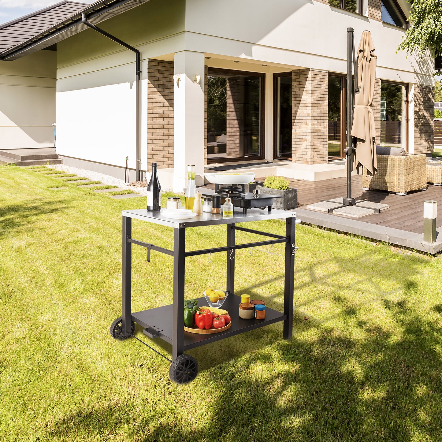 BBQ Werktafel – Barbecue Tafel – Grilltafel – Buitenkeuken Trolley – Werkbank Buiten – Roestvrijstalen Blad – Dubbele Plank – 85x55 cm – Verrijdbaar Met 2 Wielen