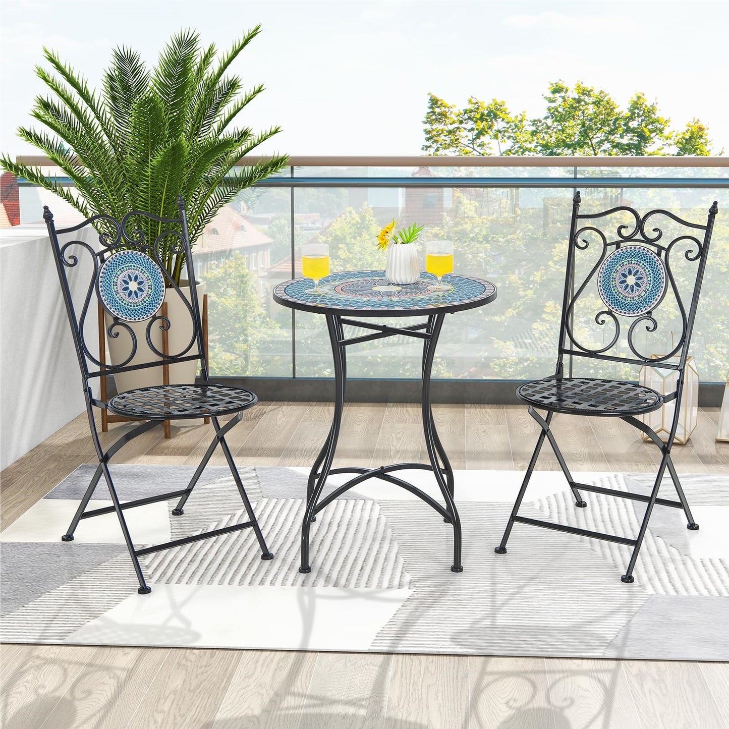 Bistroset – Balkonset – Tuinset – Stoelenset – Tuinmeubel – Mozaïekdesign – 3-delig – Inklapbaar Metalen Frame – Comfortabele Hoge Rugleuningen