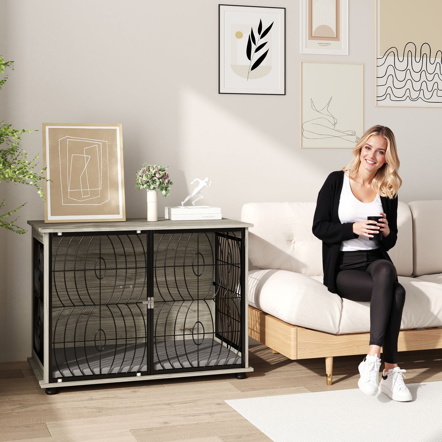 Hondenbench – Hondenkooi – Hondenhuis – Bench – Kennel – Groot formaat – Hout en Metaal – Inclusief Wasbaar Kussen – Veilig en Ventilerend