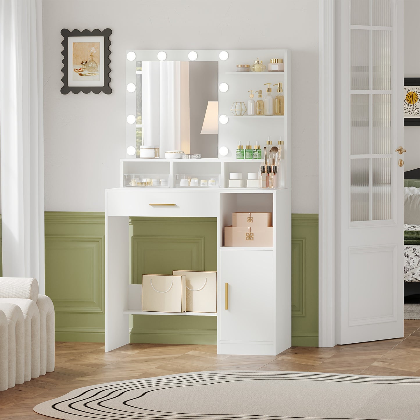 Make-up Tafel – Kaptafel – Schminktafel – Visagie Tafel – Dressing Table – 10 LED Lampen – 3 Verstelbare Lichtstanden – Wit