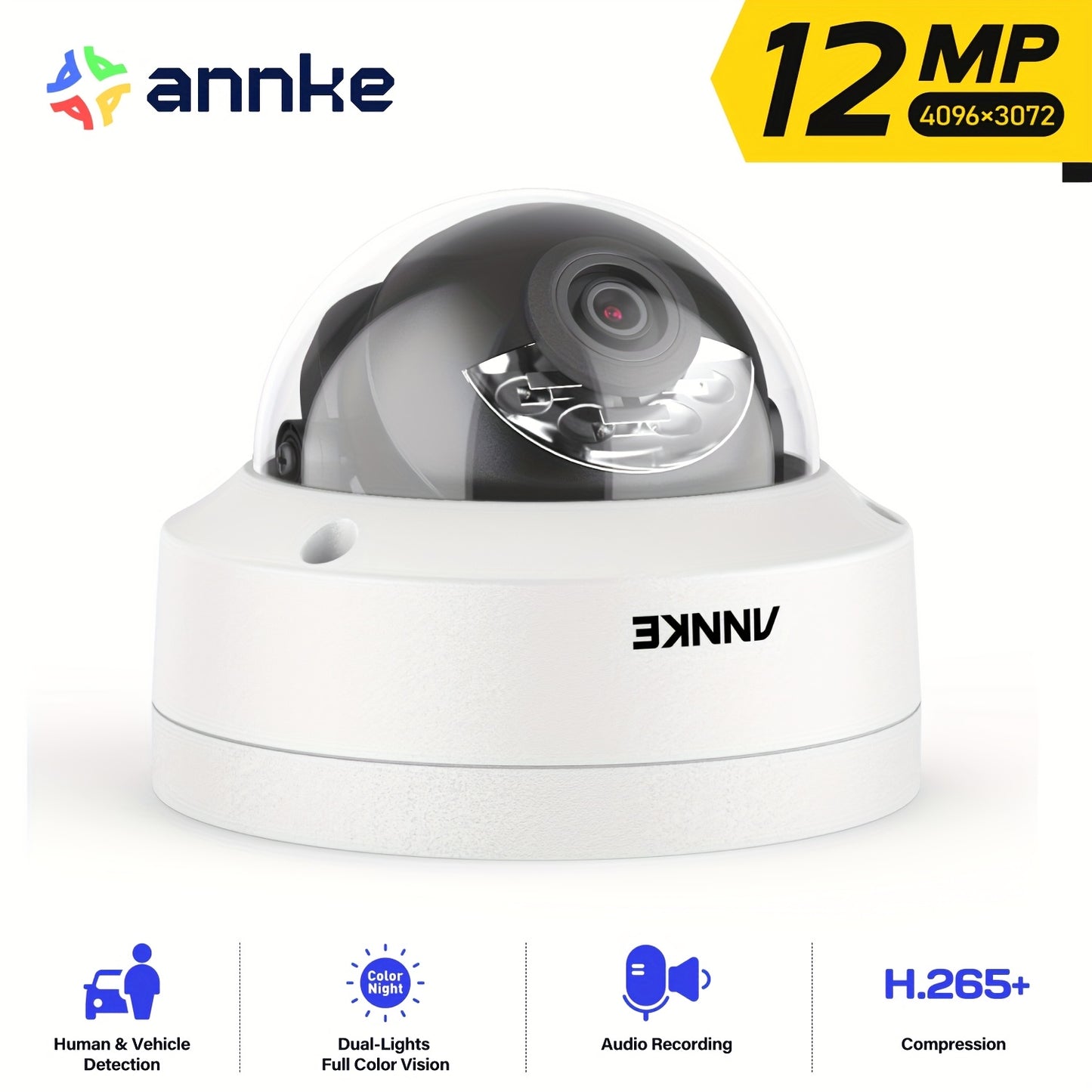 12MP PoE Dome Beveiligingscamera – Bewakingscamera – Camera Voor Buiten – Bewaking Dome – Dome Cam – Mens- en Voertuigdetectie – Kleurennachtzicht Met Spotlight