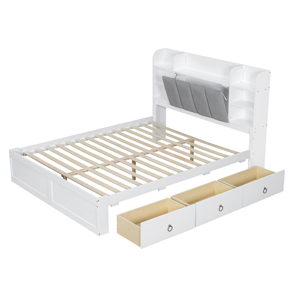 Bedframe – Tweepersoonsbed – Opbergbed – Met Lattenbodem – Metal Bed – Modern Design – 160x200 cm – Stevig Metalen Frame Met 3 Lade Opbergruimte & Liftdeksel