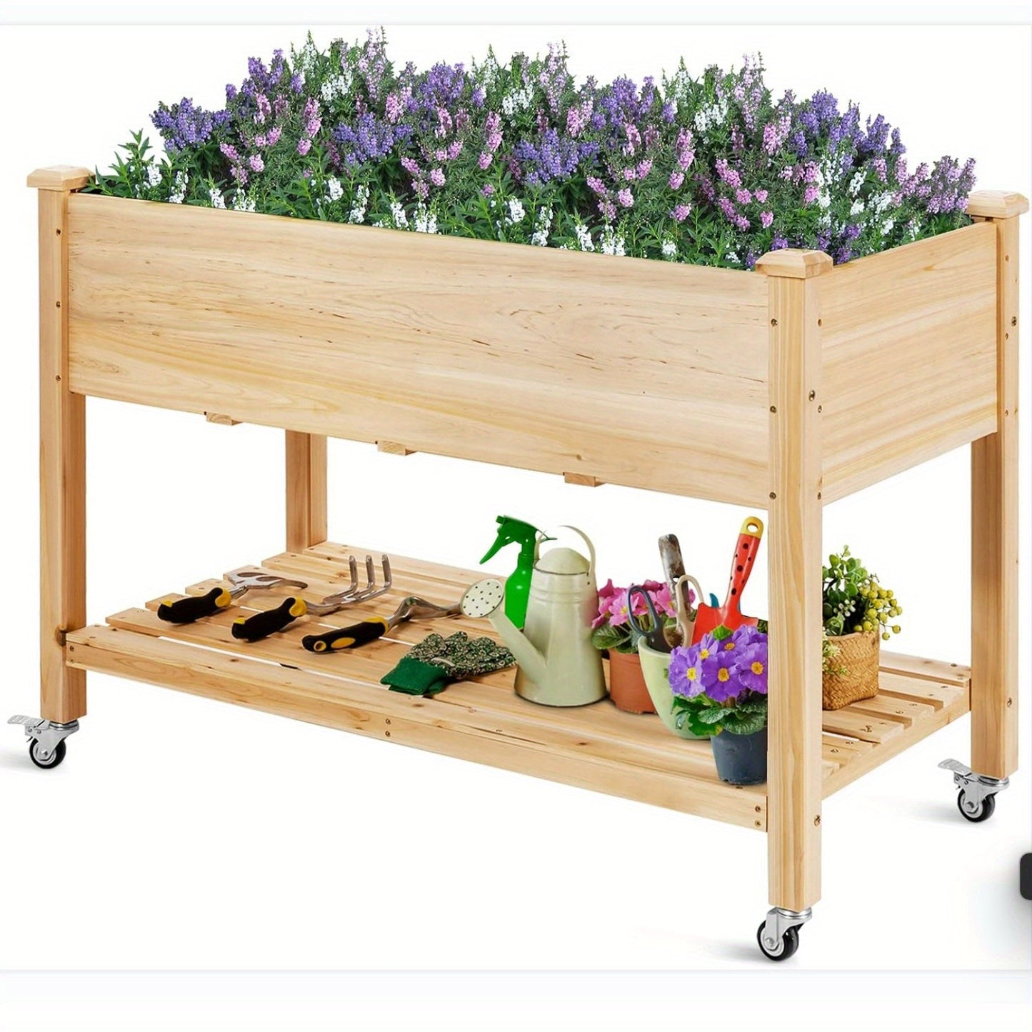 Verhoogde Plantenbak – Tuinbak – Kruidentuin – Bloembak – Plantenbak Hout – Naturel Vurenhout – 2-Lagen Opbergrek – Verplaatsbaar Met Wielen