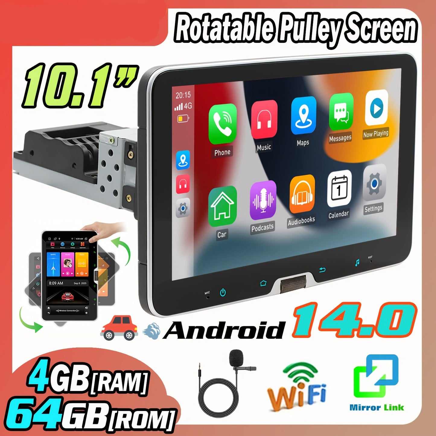 Autoradio – Car Radio – Multimedia Speler – Navigatiesysteem – Radio Ontvanger – 10,1 Inch Draaibaar HD IPS Touchscreen – Android 14.0 Met 4GB RAM & 64GB Opslag