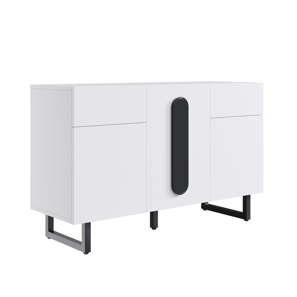 Sideboard, modern sideboard, 120cm, featuring ample storage space, drawers and cabinet doors, white finish with black handles and metal legs, suitable for dining rooms, living rooms or kitchens.