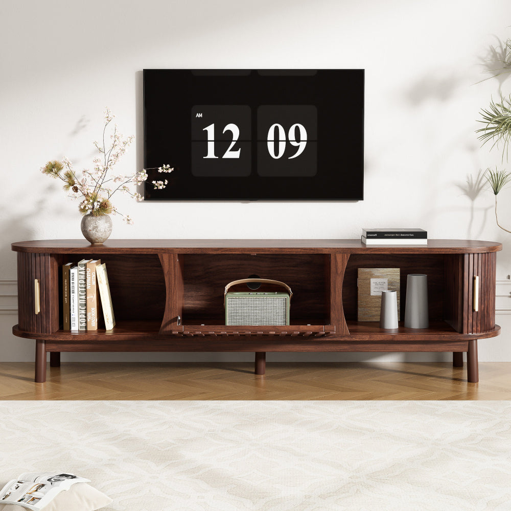 Tv Meubel – Tv Kast – Entertainment Meubel – Tv Dressoir – Media Meubel – Bruin – Schuifdeuren en Inklapbare Middenklep – 165x39,5x46 cm – Geschikt Voor Tv Tot 65 Inch