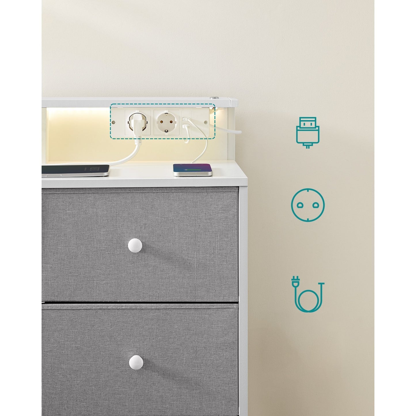 Ladekast – Ladenkast – Opbergkast – Dressoir – Commode – 9 Lades & LED-verlichting – Stabiel Staalframe 33,5x114x84 cm – Duifgrijs met Stopcontacten en USB-poorten