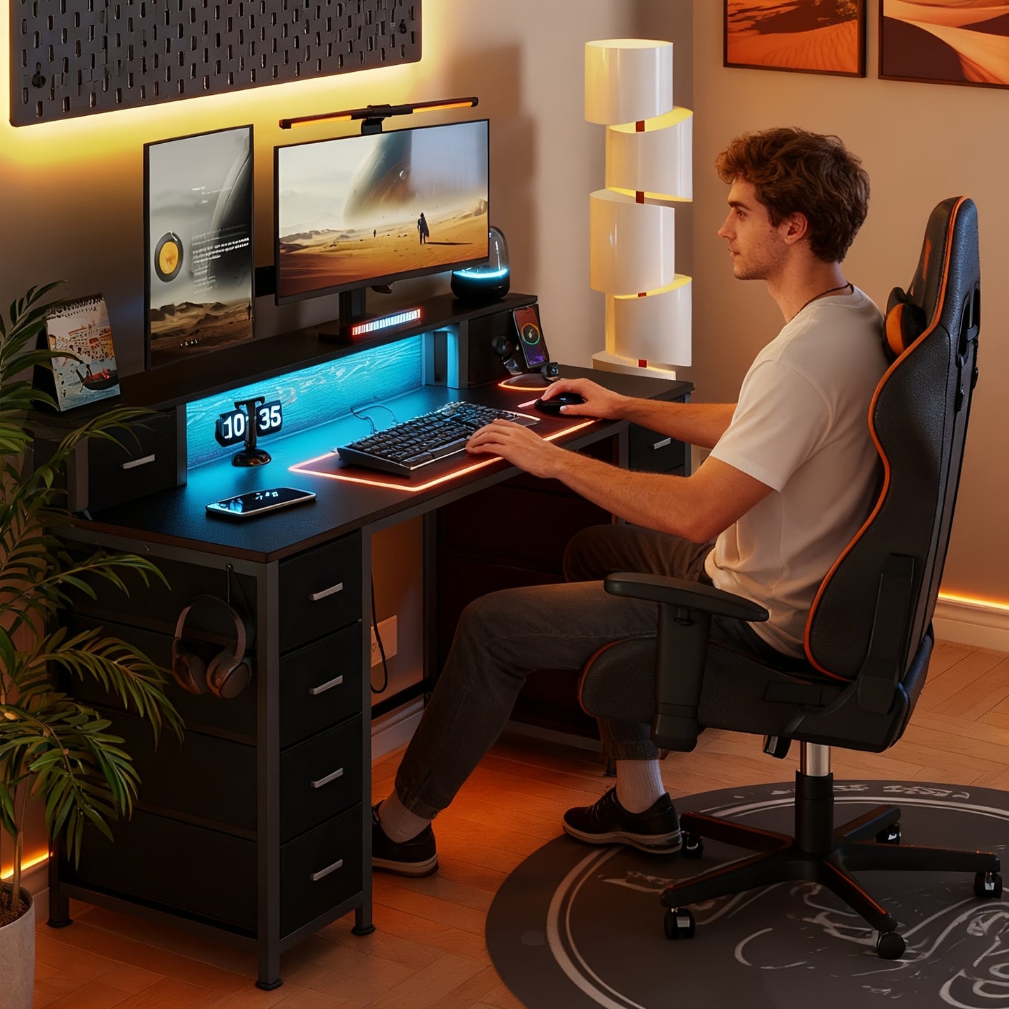 Computertafel – Bureau – Computerbureau – Bureautafel – Gaming Desk – 156x48 cm – RGB LED Verlichting – 10 Stoffen Lades en Monitorstandaard
