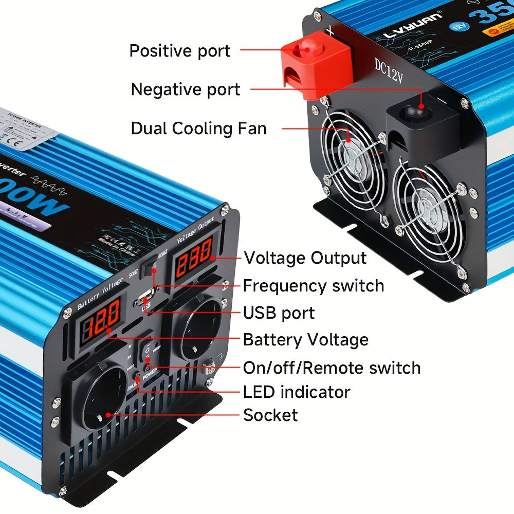 Omvormer – Spanningsomvormer – Inverter – Stroomomzetter – 12V Variant – 3500W Continu Vermogen – Pure Sinusgolf Met Afstandsbediening