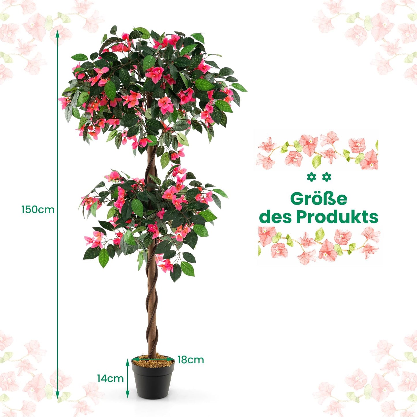 Kunstmatige Bougainvillea – Nepplant – Kunstplant – Bloeiende Boom – Sierplant – 140 cm Hoog – Realistische Houten Stam – Onderhoudsvrij