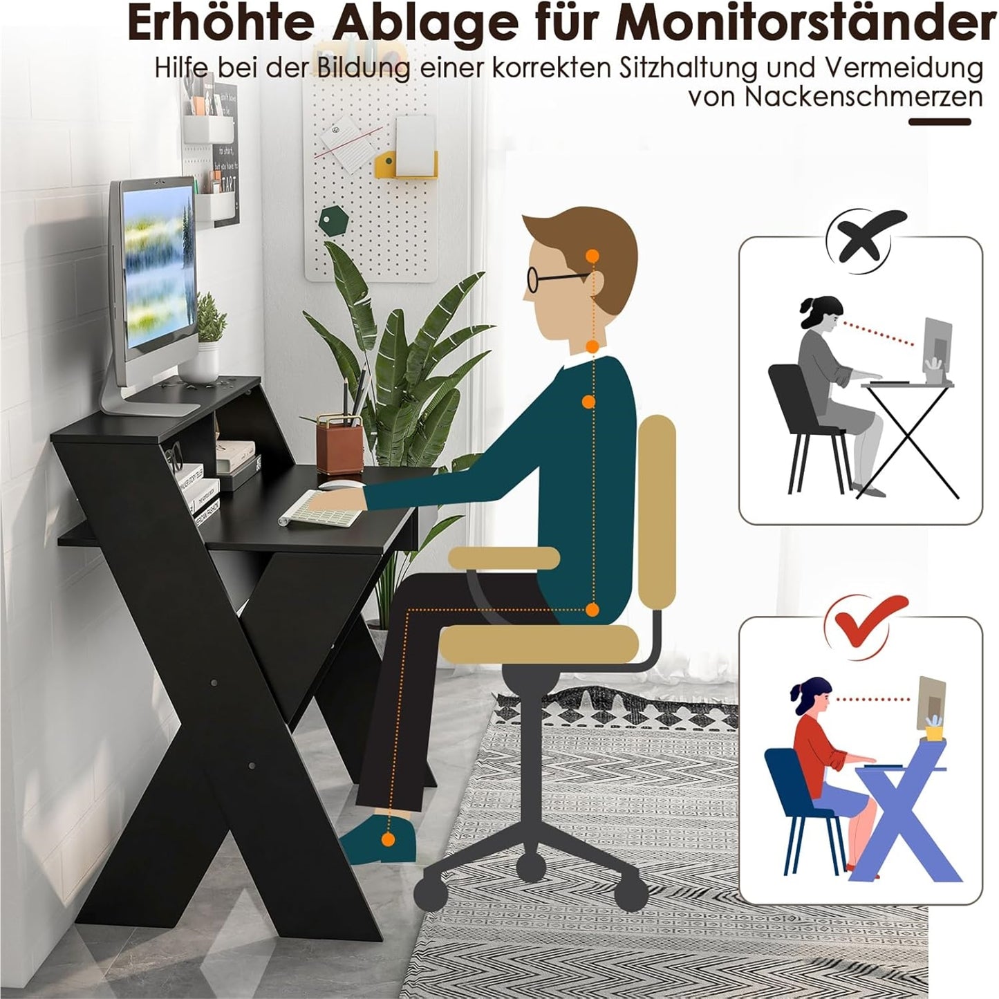Computertafel – Computerbureau – Bureautafel – Schrijftafel – Werkplek – Met Lade – Monitorverhoger – Stevig X-Frame – Zwart – 90x61x94 cm