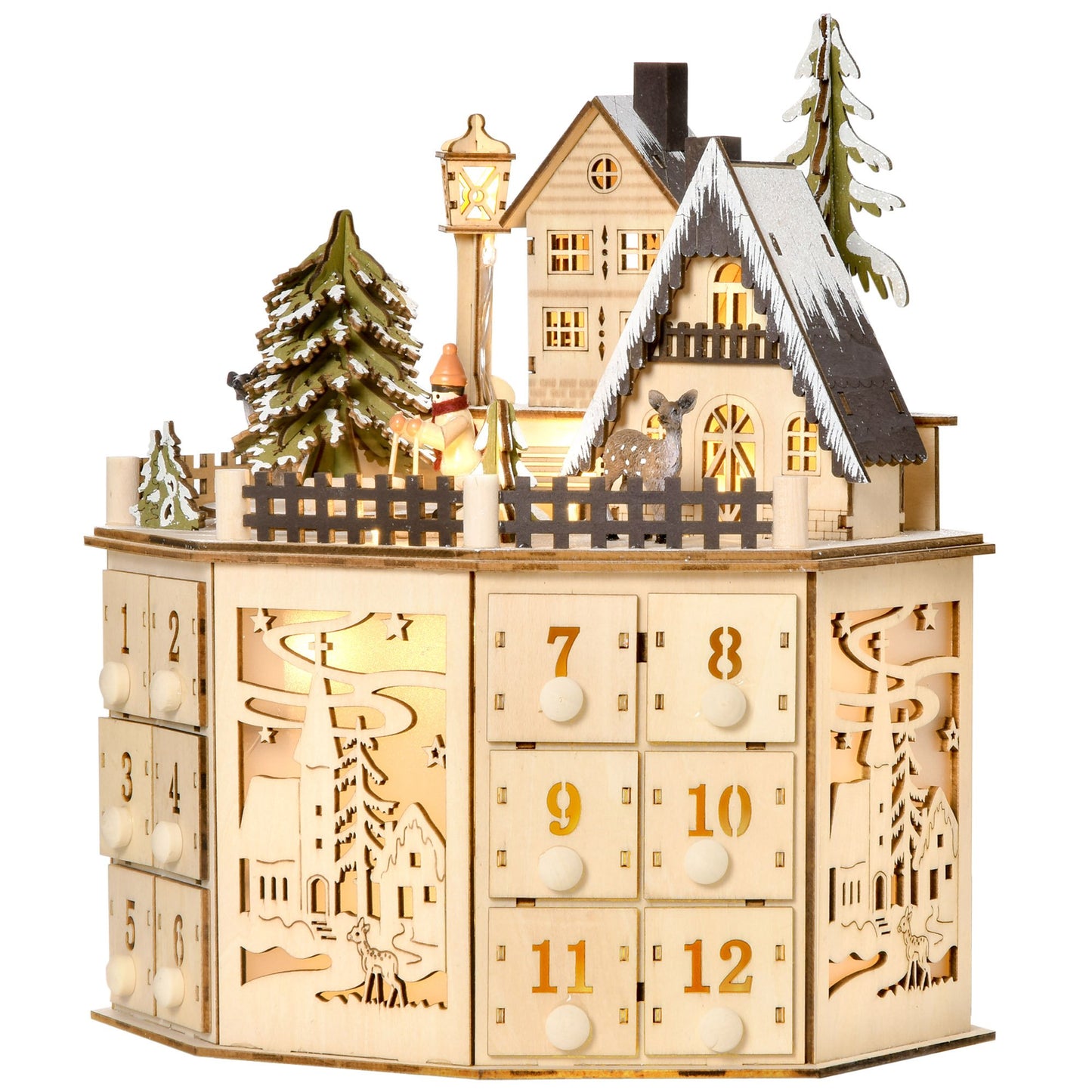 Adventskalender – Aftelkalender – Kerstkalender – Cadeaukalender – Sfeerkalender – 24 Laden – Natuurlijke Houten Afwerking met LED-Verlichting Zonder Stroomkabel