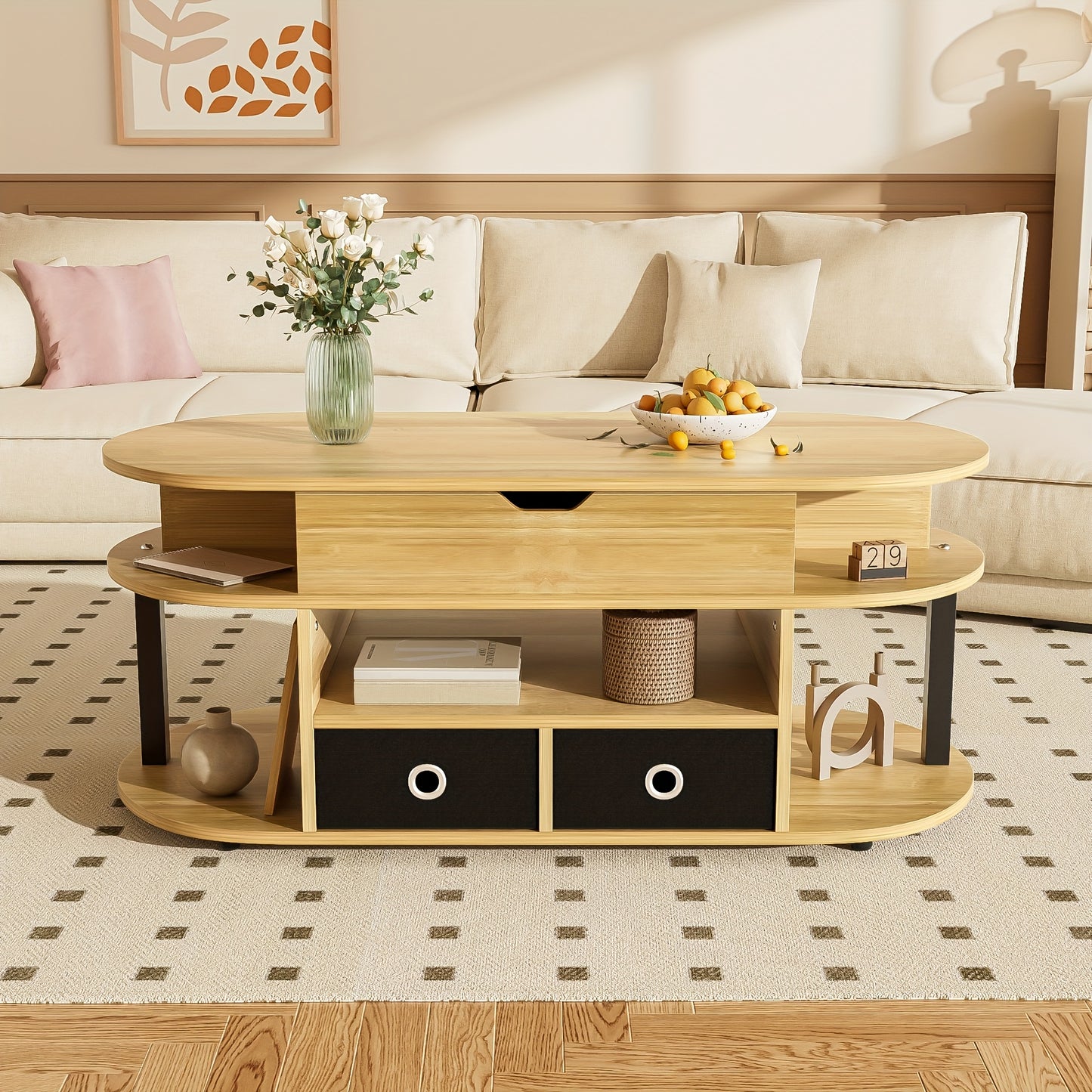 Salontafel – Koffietafel – Woonkamer Tafel – Opbergtafel – Lift-Top Tafel – Houtnerf Design – Zwart Stoffen Lades – Duurzaam & Eenvoudig Montage
