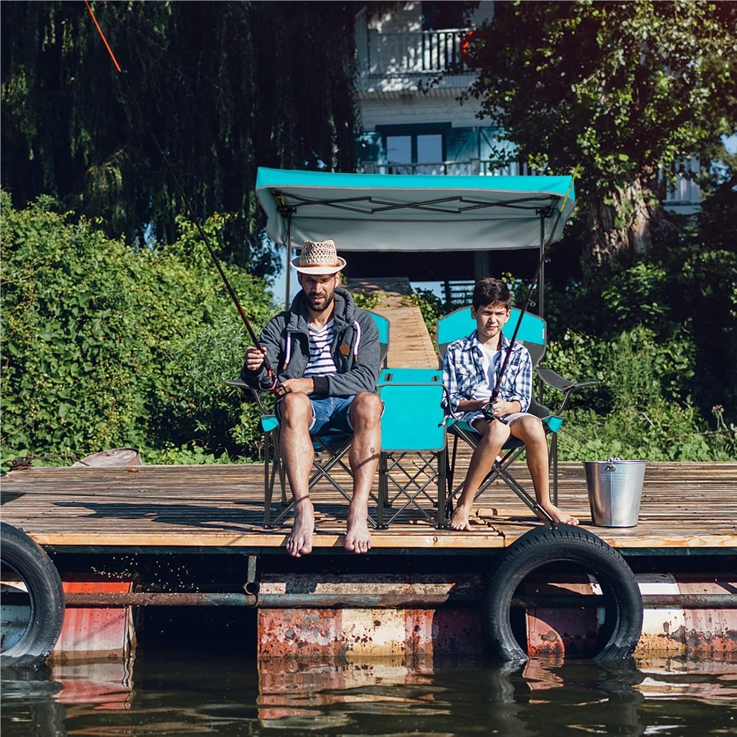 Campingstoel – Vouwstoel – Kampeerstoel – Visstoel – Outdoorstoel – Met Verstelbare Zonwering – Inclusief Koelbox & Tafel – Navy