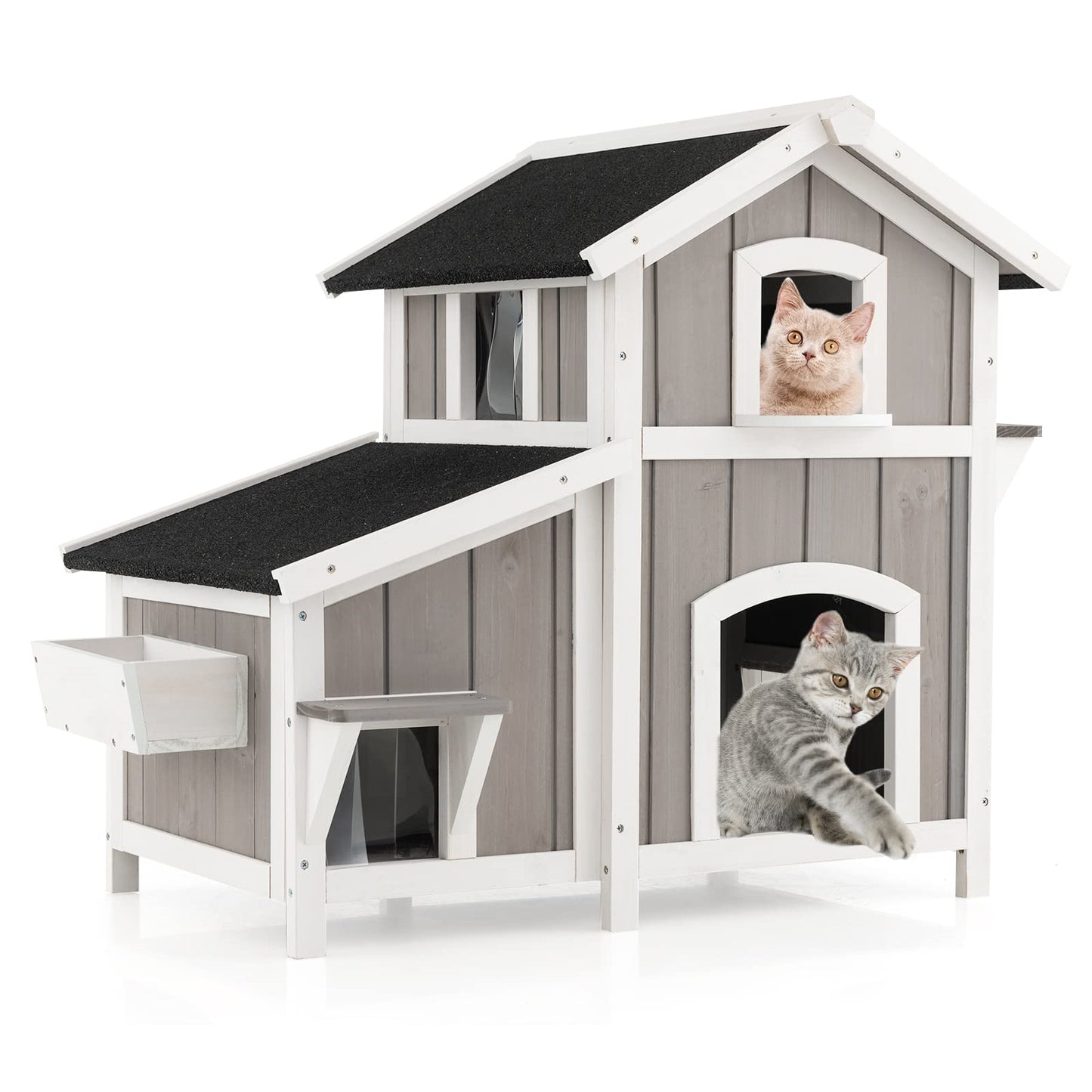 Kattenhuis – Kattenhut – Kattenvilla – Huisdierverblijf – Kattenhuisje – 2-Delig Met Asfalt Dak – Weerbestendig Hout 100x64x82,5 cm Grijs