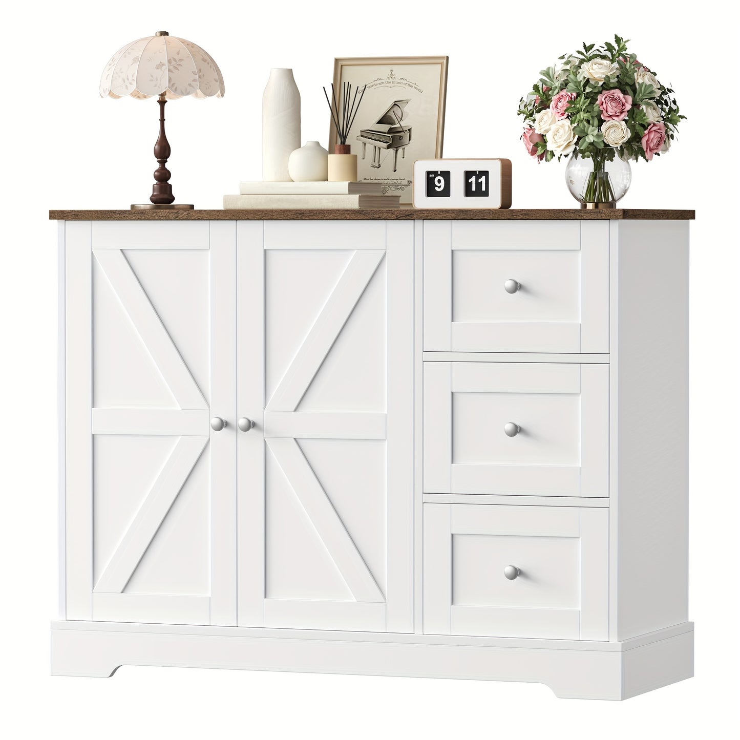 Kealive Modern White & Brown Storage Cabinet with Countertop - Freestanding Kitchen Buffet Sideboard with 3 Drawers & Doors, Heavy-Duty Particleboard Construction, 68.58cm+ Height, 3.2 Cu Ft Capacity, Easy Assembly for Kitche
