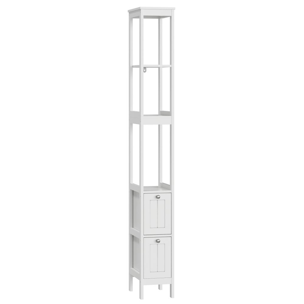 Badkamerkast – Smalle Kolomkast – Vrijstaande Kast – Opbergkast – Wastafelonderkast – Hoogte 160 cm – MDF Materiaal – 2 Laden en 3 Open Planken – Wit
