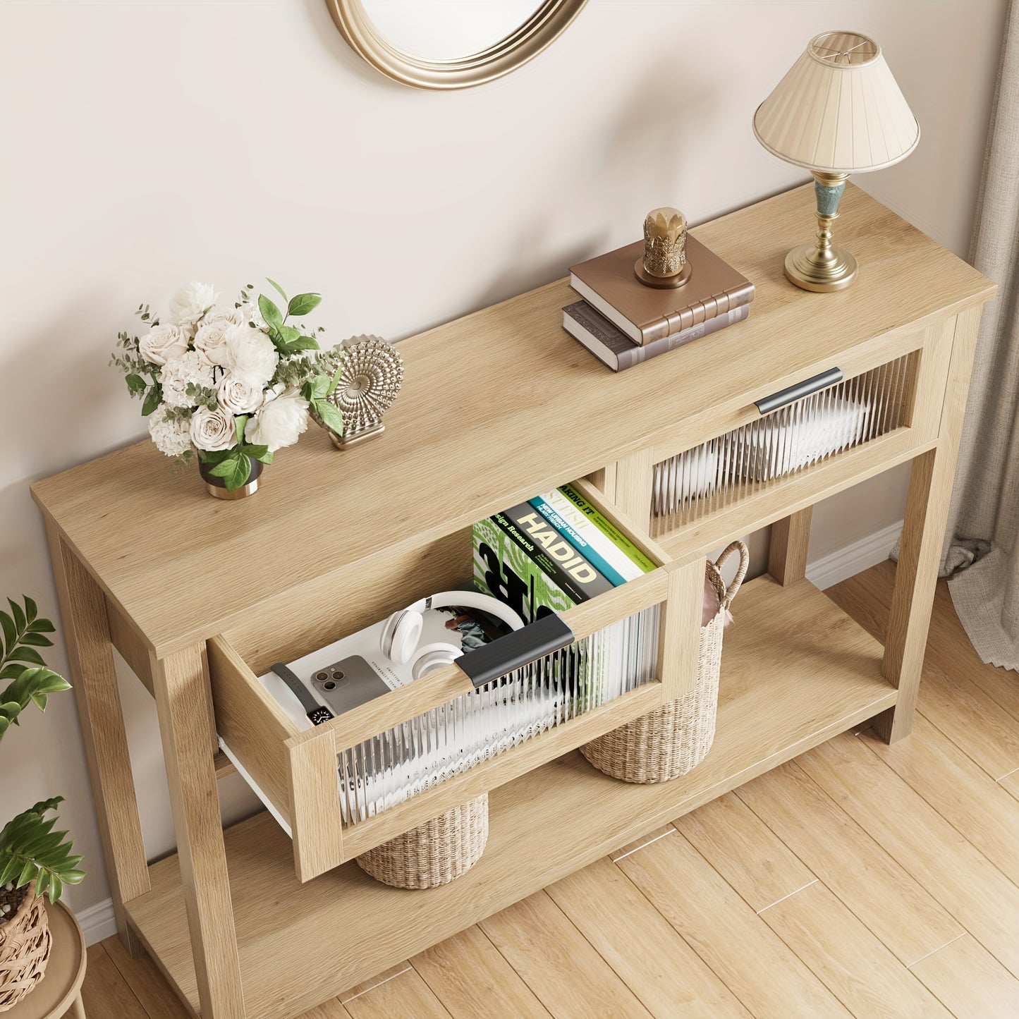 109.22cm Modern Narrow Console Table with Glass Doors & 2-Tier Storage - Space-Saving Hardwood MDF Construction, Wood Finish Entryway Sofa Table with Lower Shelf & Upper Display Area for Living Room, Hallway, Bedroom - Easy A