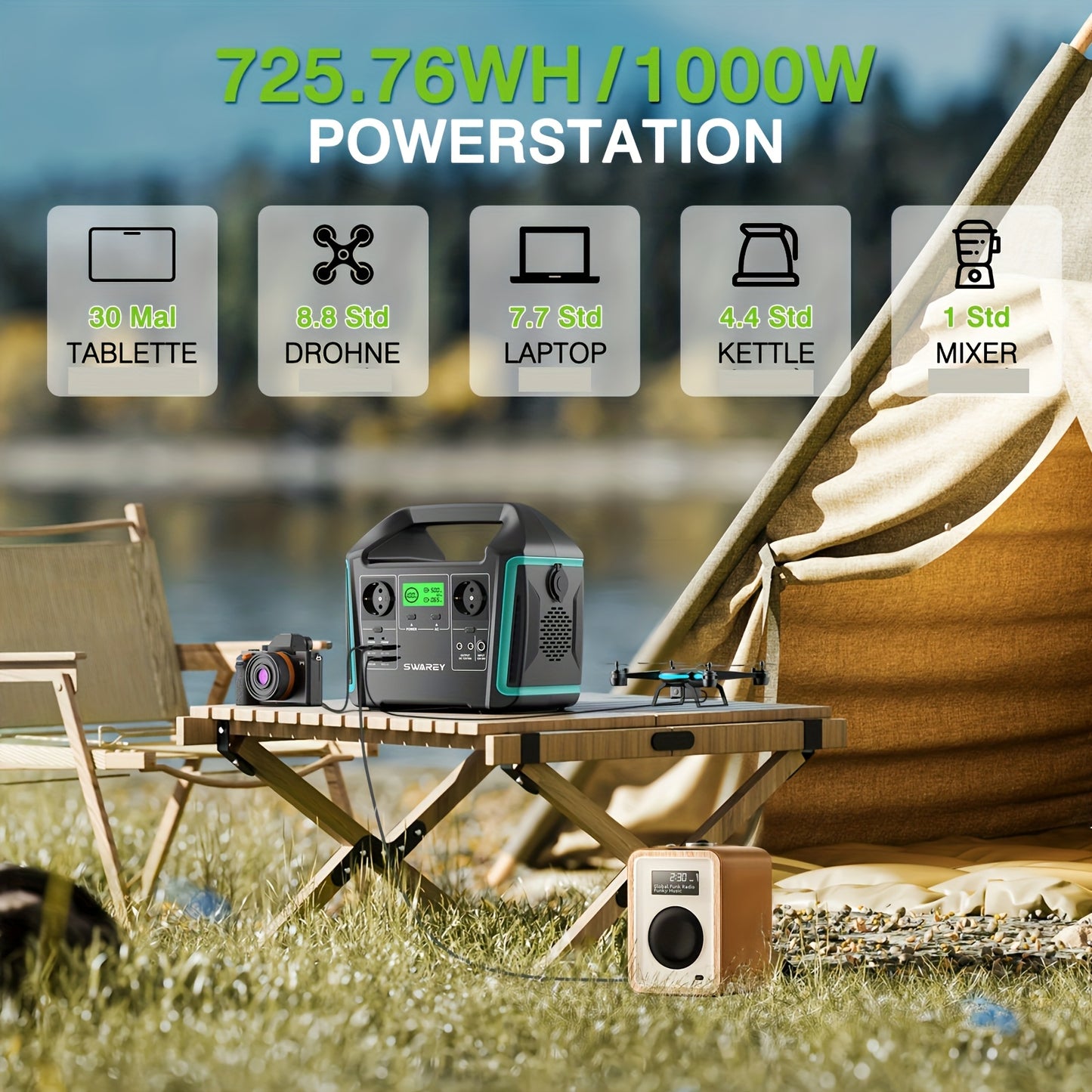 Zonnegenerator – Draagbare Powerstation – Noodstroom – Stroomgenerator – Powerbank – 1000W AC Uitgang – 725,76Wh Batterijcapaciteit - QUORE