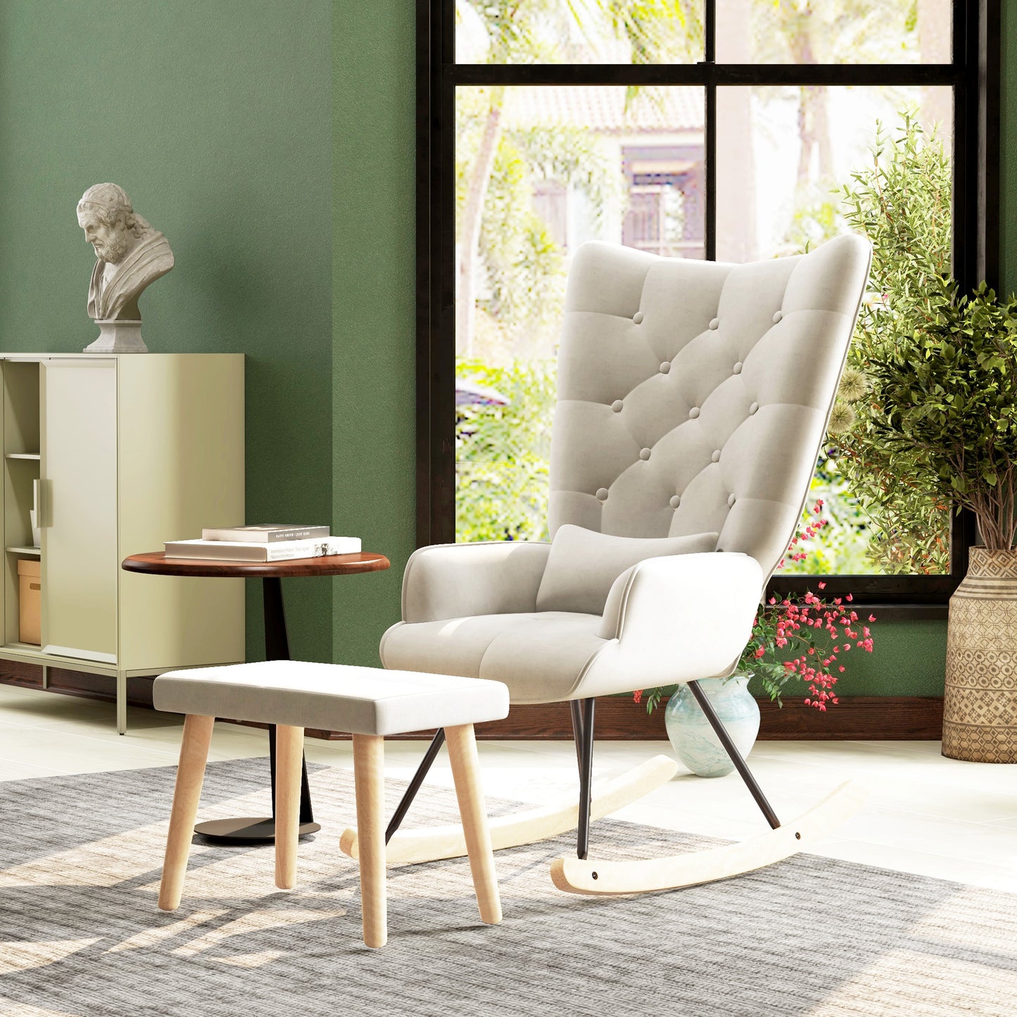 Schommelstoel – Relaxstoel – Fauteuil – Voedingsstoel – Loungestoel – Fluweel Bekleed – Hoge Rugleuning – Max. 150 kg – Inclusief Voetenbank – Crème Wit