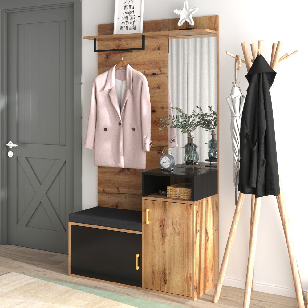 Coat rack and cloakroom suite, comprising four coat hooks, mirror, shoe cabinet, wall-mounted coat rack, top shelf, and hallway bench. Designed to meet diverse requirements, suitable for corridors and entrance halls.