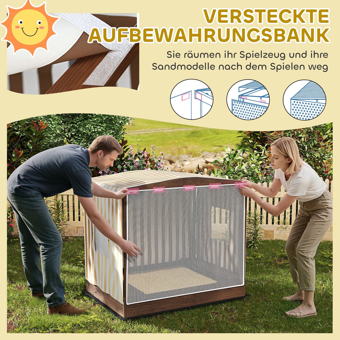 Zandbak – Speelbak – Buitenbak – Kinderspeelplaats – Zandbak Met Dak – Bruin – Met Gaasdeur En Zitbankjes – Weerbestendig En Duurzaam